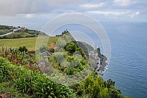 Plants in a park located on a cliff overlooking the Arnel lighthouse, SÃ£o Miguel - Azores PORTUGAL photo