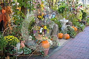 Plants, pumpkins and seasonal decorations create an inviting entrance to a business in Dahlonega, Georgia