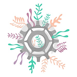 Plants and the steampunk element . Technique and nature, mechanisms and botany. Vector background