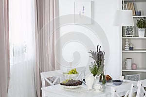 Plants on white table in bright dining room interior with poster and pink drapes at window. Real photo