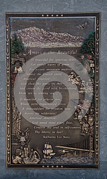 Plaque of America the Beautiful at summit of Pike's Peak, Colorado photo