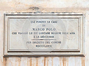 Plaque at the birthplace house of Marco Polo in Venice, Italy