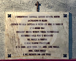 Plaque consecrating the ancient provost church of Saint George in Varenna on Lake Como, Italy.