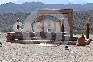 Plaque with the name of the city of Cachi, Salta, Argentina.