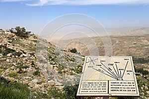 Plaque showing the distance from Mount Nebo to various locations, Jordan, Middle East