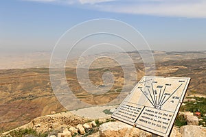 Plaque showing the distance from Mount Nebo to various locations, Jordan, Middle East