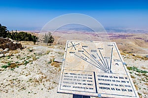 Plaque showing the distance to various locations from Mount Nebo, Jordan.