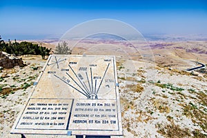 Plaque showing the distance to various locations from Mount Nebo, Jordan.