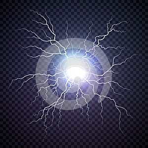 Plasma bolt. Fireball on dark background. Thunder storm flash light. Realistic electricity lightning. Vector illustration