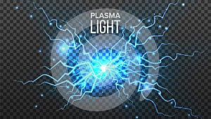Plasma Light Vector. Electric Power. Energy Effect. Blue Spark Bolt. Realistic Isolated Transparent Illustration photo