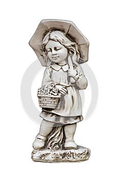 Plaster classic garden figure on white: a girl with a basket and an umbrella.
