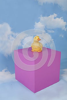 a plaster duck on a pink cube in front of a blue sky with clouds