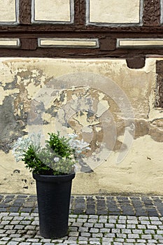 Plaster and paint sloping at an otherwise beautifully restored half-timbered house on a cobblestone street