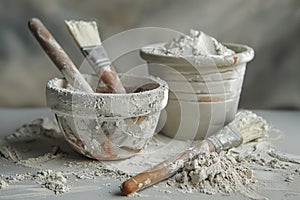 plaster and paintbrushes on a table
