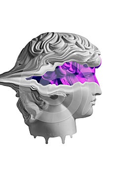 Plaster sculpture of young man face in a pop art style. Statue of Antinous head. Creative concept colorful neon image photo