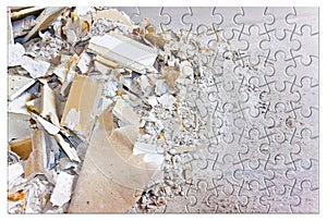 Plasterboard products recycling - Concept image with demolished