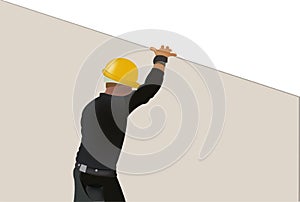 Plasterboard worker carries a gypsum panel