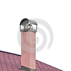 Plastered Terracota Painted Chimney, Stainless Steel Smoke Pipe, Red Tile Roof Texture, Detailed Tiled Roofing, Large Isolated photo