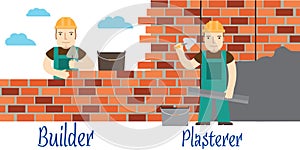 Plasterer and masons at work. Flat icon.