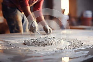 Plasterer Mixing cement on floor with sunlight, generative AI