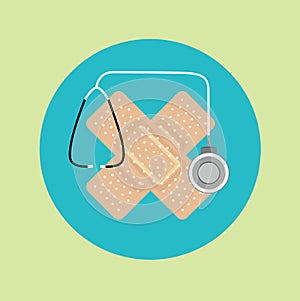 Plasters in crossed position and stethoscope flat icon