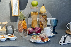 Plastic artificial fruits and desserts in the studio cuisine. Food shooting concept