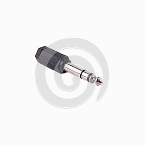 Plastic audio Jack adapter minijack to Jack, isolated on white background. Close up