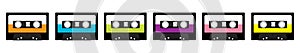 Plastic audio tape cassette. Retro music icon set line. Recording element. 80s 90s years. Different colors template. Flat design.