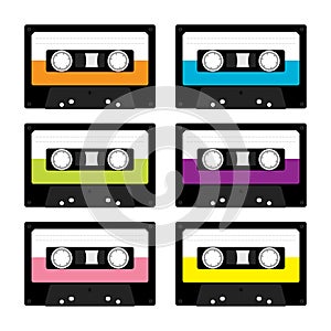 Plastic audio tape cassette. Retro music icon set. Recording element. 80s 90s years. Different colors template. Flat design. White