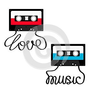 Plastic audio tape cassette with tape word Love Music. Retro icon set. Recording element. 80s 90s years. Red Blue color template.