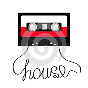 Plastic audio tape cassette with word House music. Retro icon. Recording element.