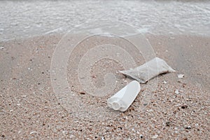 Plastic bag on the beach make pollution,environment concept