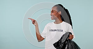 Plastic bag, black woman point or volunteer okay wink for trash cleaning news, climate change and charity recycling