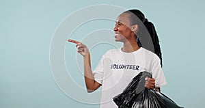 Plastic bag, black woman point or volunteer thumbs up for trash cleaning agreement, climate change feedback or recycling