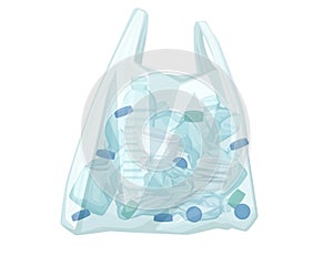 Plastic bag with plastic bottle waste pollution problem flat vector illustration on white background