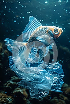 Plastic bag caught in fish. Environmental pollution. Plastic pollution concept