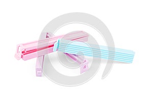 Plastic bag clips on a white background