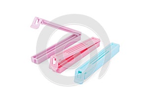 Plastic bag clips on a white background