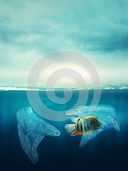 Plastic bag with a fish in the ocean