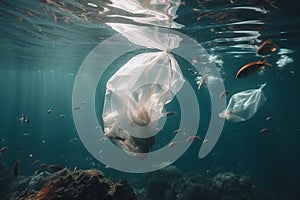 plastic bag floating in the middle of many fish, sea pollution problem for wildlife, underwater view ocean contamination,