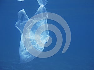 Plastic bag floating into the sea. Polluted environmental. Recycle