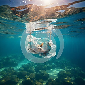 Plastic bag floating in the sea. Pollution environment concept.