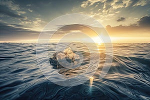 plastic bag floating on the surface of the ocean, with sun shining down