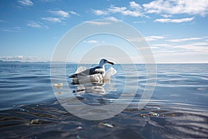 plastic bag floats on the surface of still ocean, with seagull in the background