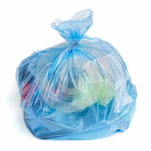 Plastic bag full of trash on white