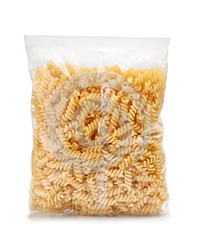 Plastic bag of fusilli pasta