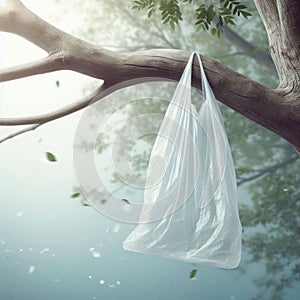 A plastic bag hanging on a tree branch.