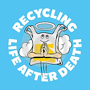 Plastic bag recycling concept. Waste recycling ecology poster. Comic style vector illustration.