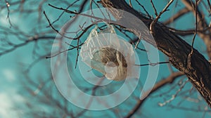 Plastic bag tangled in tree branches under clear blue sky