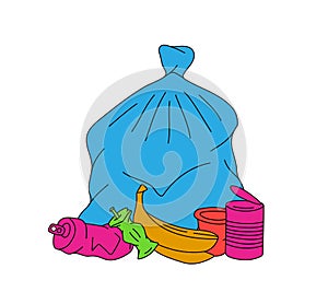 Plastic bag with unsorted garbage. Plastic, glass, metal, paper, organic waste illustration. Garbage plastic bag with
